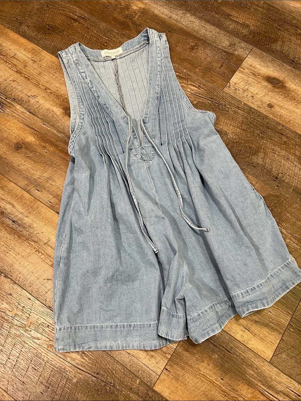 VERVET Light Blue Denim Pintuck Romper with Tie Neck, 100% Cotton